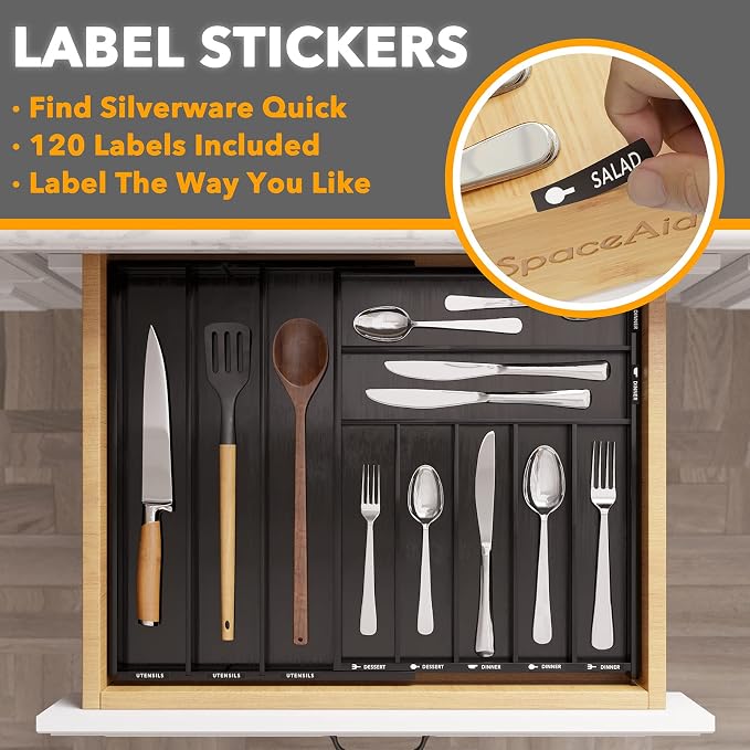 SpaceAid Bamboo Silverware Drawer Organizer with Labels, Kitchen Utensil Expandable Tray Holder Organizer for Flatware, Cutlery, Spoon and Knives Drawer Storage Organization (Black, 10 Slots)