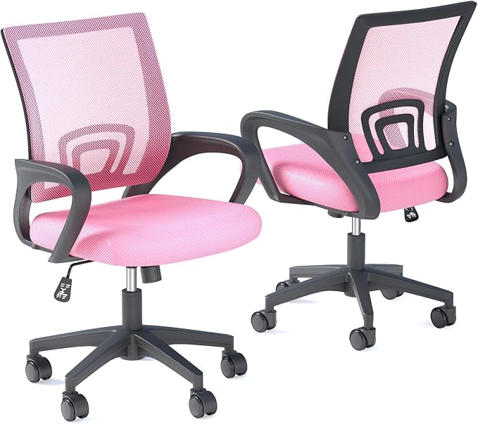 OS MOTOR Ergonomic Mid-Back Mesh Office Chair (Pink, 2 Pack) | Lumbar Support, Adjustable Height, Swivel Rolling Design, Comfy Armrest, Home, Office, Work, Study, Gaming, Vanity