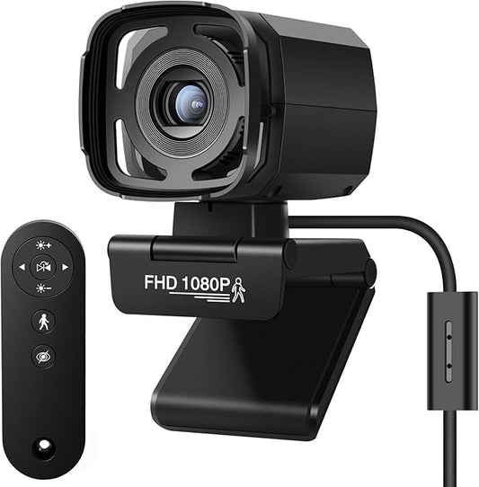 Webcam for PC, AI Auto Tracking, Remote Control, in-line Dual Noise Canceling Microphones, Full HD 1080P Video Calls, 73° Angle View, Privacy Shutter, USB Plug and Play, Low Light Correction
