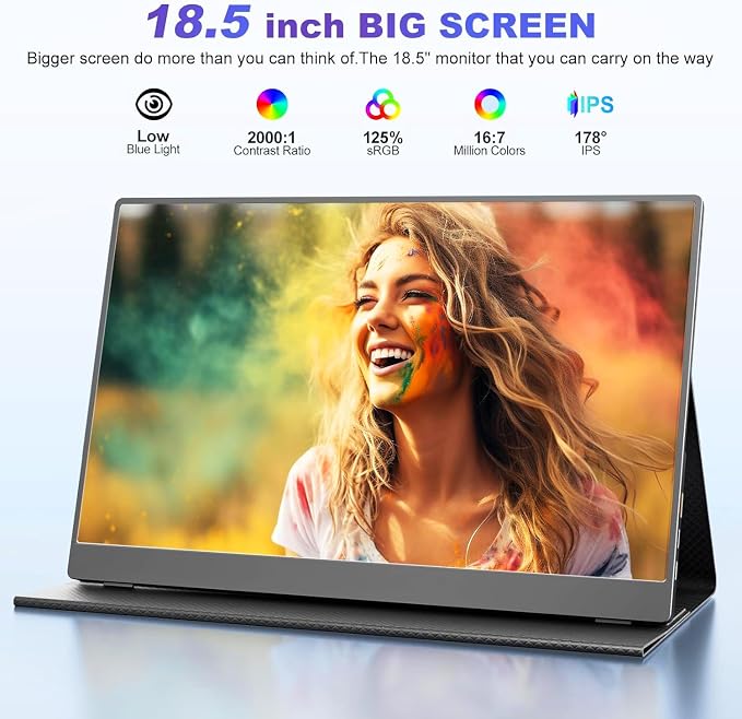 18.5 Inch Portable Monitor, FHD 120Hz IPS HDR 125% sRGB USB-C HDMI External Travel Monitor with Built-in Speakers, VESA Compatible for Laptop MacBook PC Surface PS5 Xbox