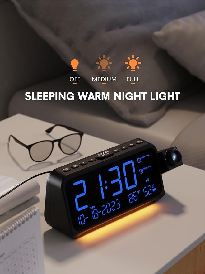 Mesqool Projection Alarm Clock Ceiling Display, with Temperature, Humidity | Dual Alarms, 5-Level Dimmer, Date, Night Light, Weekday/Weekend Mode, 12/24H, DST, , Snooze, 180° Rotatable, for Bedroom