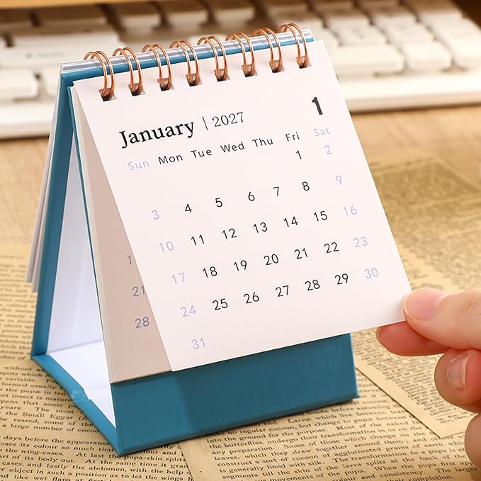 Mini Desk Calendar 2026-2027 - Runs From January July 2026 until Dec 2027, 18-Month Small Desktop Calendar 250gsm Thick Paper Twin-Wire Binding for Home or Office (Blue)