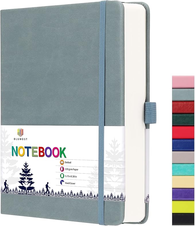 Bullet Dotted Journal Notebook - A5 Dot Grid Notebook with 280 Pages,100gsm Thick Paper,Leather Hardcover Journal for Women Men,5.75'' × 8.38''-Gray Blue