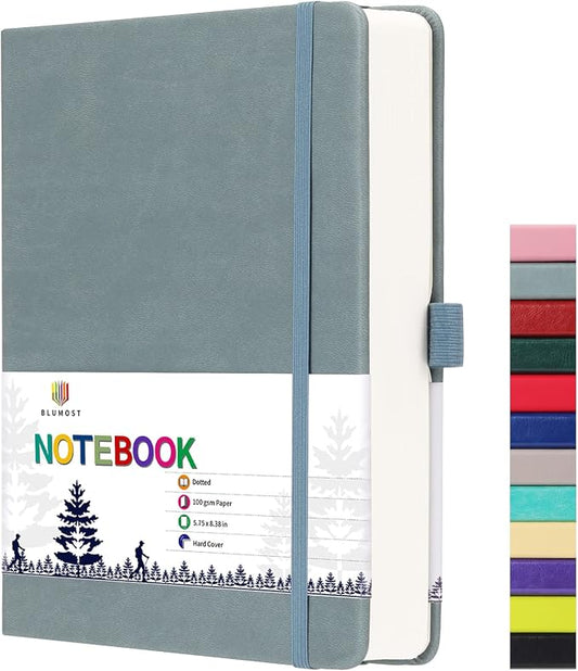 Bullet Dotted Journal Notebook - A5 Dot Grid Notebook with 280 Pages,100gsm Thick Paper,Leather Hardcover Journal for Women Men,5.75'' × 8.38''-Gray Blue