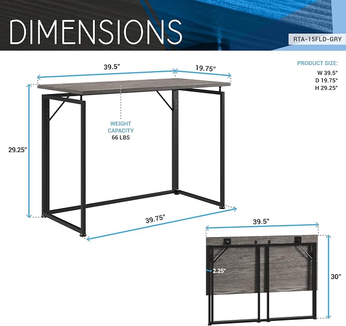 40" W Folding Desk for Small Spaces, Folding Table or Portable Computer Desk, Space-Saving Workstation for Home Office, Bedroom, Dorm and Study, No Assembly Required, Grey