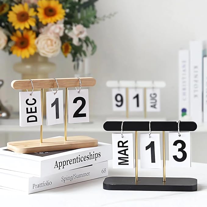 Perpetual Daily Flip Calendar for Desk Reusable Office Desktop Decor Home Accessories Photography Props (Black)(TZL-calendar)