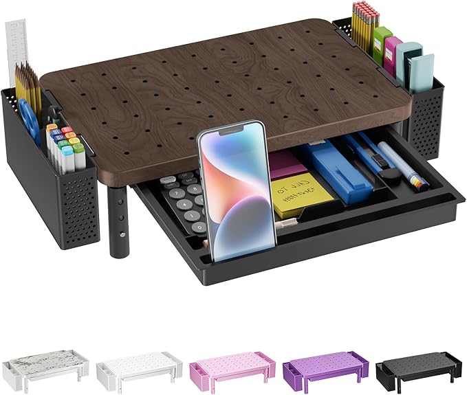 WALI Plastic Computer Monitor Stand with Storage, Desk Organizer with Drawer and Pen Holder, Desk Monitor Riser 3 Height Adjustable, Laptop Riser for Computer, Laptop, Printer(PTT003-C), 1 Pack, Brown
