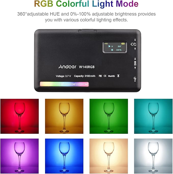 Andoer W140 RGB LED Video Light Kit Pocket Video Conference Lighting CRI95+ 2500K-9000K Dimmable 20 Lighting Effects with Desktop Tripod Ballhead Phone Holder Computer Clip Cold Shoe Adapter