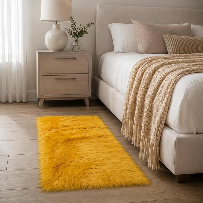 EasyJoy Faux Sheepskin Rug, Fluffy Faux Fur Rug, Ultra Soft Shag Area Rug with Non-Slip Backing for Bedroom, Living Room, Nursery, Kids Room(2 x 4 ft Rectangle, Golden Yellow)