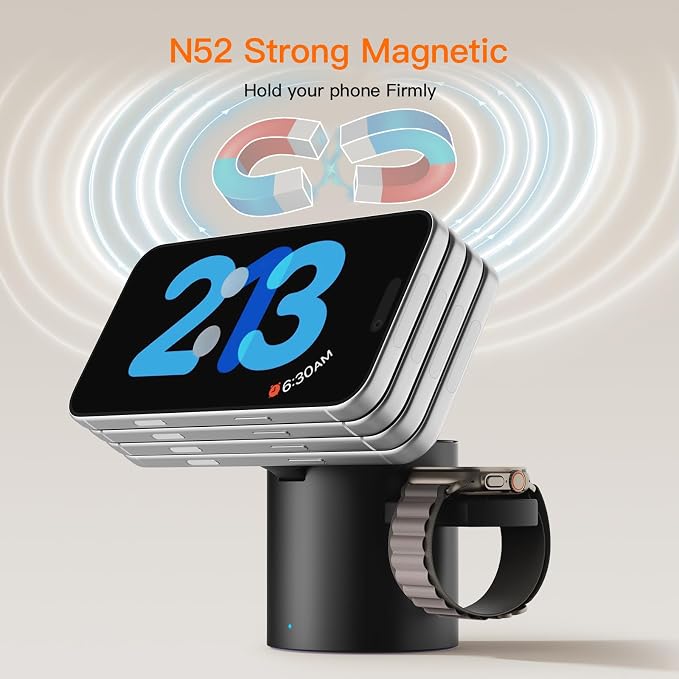 Foldable 3in1 Magnetic Wireless Charger,15W • Silent • Travel Ready, for iPhone17-12, Fast Charging Station for Apple Watch AirPods, Portable MagSafe Charger with Stand Mode for Travel & Desk