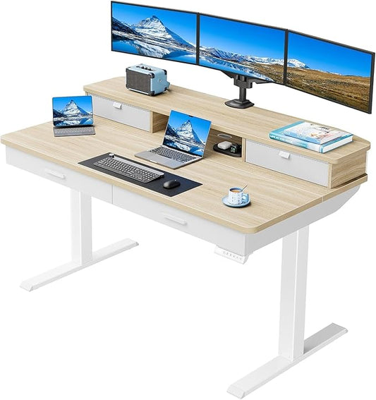 HUANUO 55 x 30 inch Electric Standing Desk with 4 Drawers, Natural | Deeper 30 Inch Desktop, Cable Tray, Monitor Mount Support, Grommet Routing, 27.9–46.8 Inch Height Range, Home Office Use