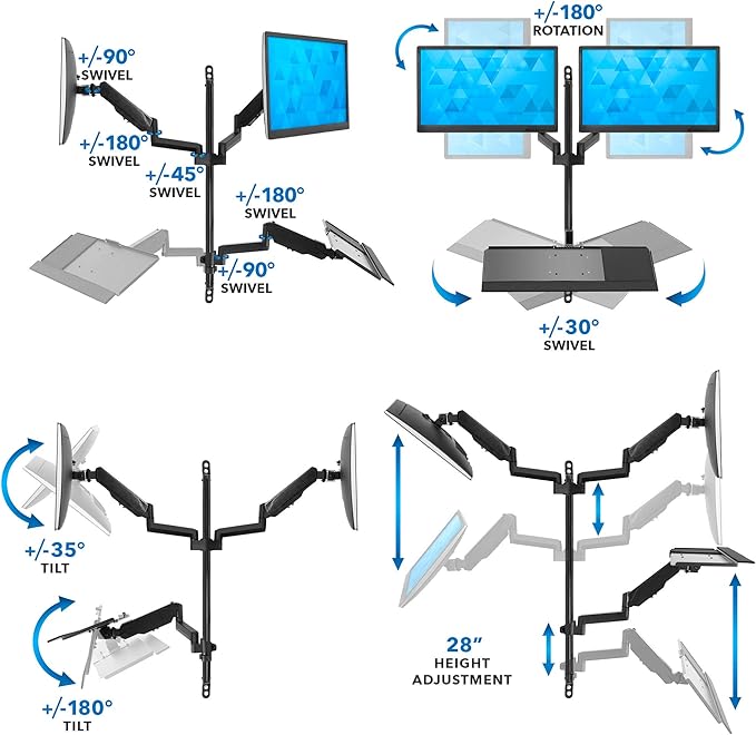 Mount-It! Dual Monitor Arm Wall Mount Workstation with Keyboard Tray & CPU Holder, Height Adjustable Gas Spring Full Motion Computer Station, Fits 17–32” VESA 75x75 100x100, Black