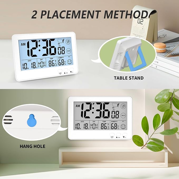 Small Desk Atomic Alarm Clock for Bedroom, Self-Calibrating Time and Date Clock with 4 Time Zone, DST, Temperature, Humidity, Alarm and Snooze for Children's Bedroom, School