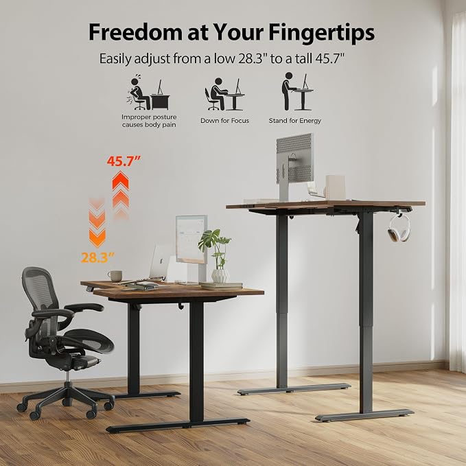Agilestic Electric Standing Desk, Height Adjustable Desk, 48 x 28 Inch Sit Stand up for Work Office Home, L Shaped Ergonomic Rising Computer Table with Memory Preset, Rustic Brown