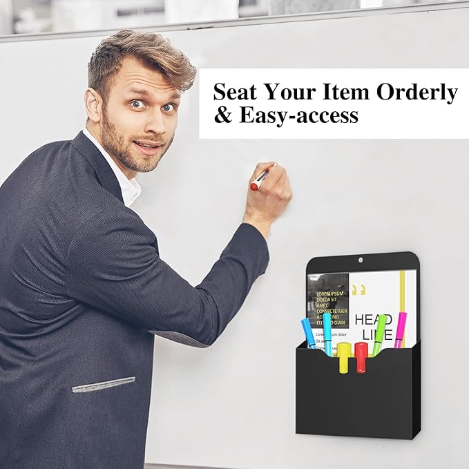 MoKo Magnetic File Holder, A4 Large Size Refrigerator Storage Organizer Magnet Pencil Cups Marker Paper Letter Pen Holder Stationery Supplies for Classroom Office Home, 2 Pack, Black