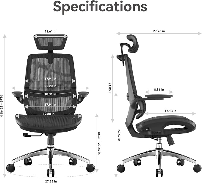 SIHOO M59AS Ergonomic Office Chair, Desk Chair with 3D Flip-up Armrests, Computer Chair with Dual Back Design and Adaptive Dynamic Lumbar Support, 2 Packs, Black