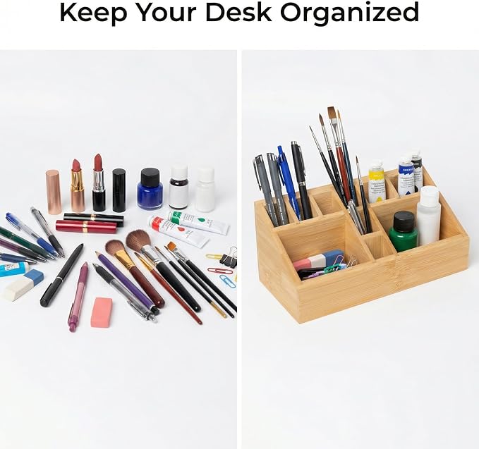 Bamboo Art Supply Organizer Pen Holder | Wooden Desktop Storage, For Artists, Office Supplies, Makeup Brushes, Minimalist Desk Accessory