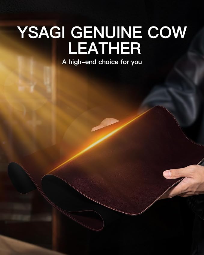 YSAGi Genuine Leather Desk Mat, 35.4"x17" Office Desk Pad, Thick Desk Pad Mat with Stitched Line, Non-Slip Desk Mat with Rubber Base (Red Brown, 35.4"x17")