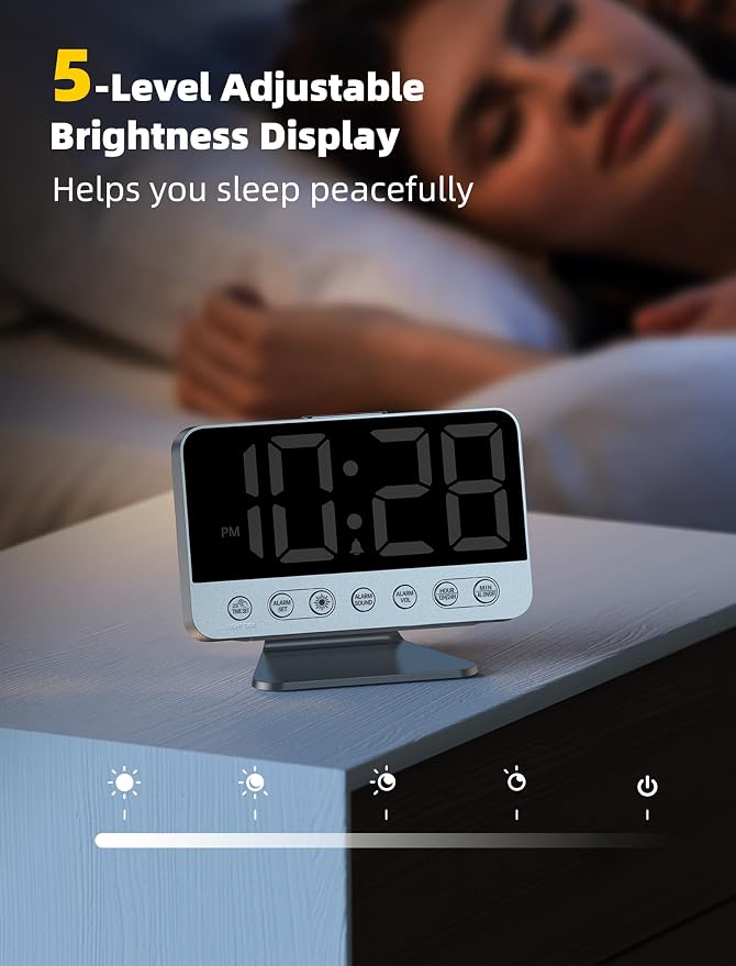 Odokee Digital Alarm Clocks for Bedrooms: Easy to Read Across The Room | Large Bold Number 5 Brightness Dimmer - 8 Night Light 5 Sound - Loud Alarm for Heavy Sleepers with Adjustable Volume - Silver