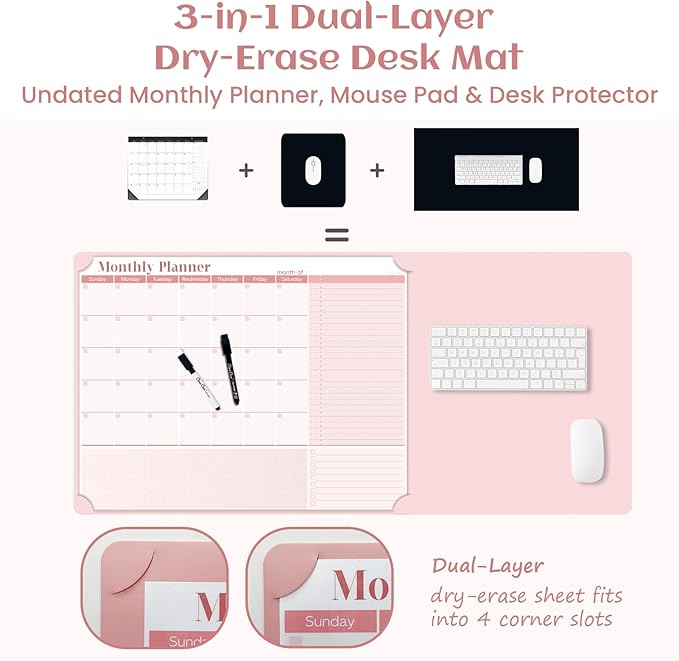 Multi-Functional Dual-Layer Dry Erase Desk Mat, Dry Erase Calendar for Desk - Erasable Desktop Writing Board with Calendar - Non-Slip Faux Leather Desk Protector for Home&Office - 16"x34" Pink