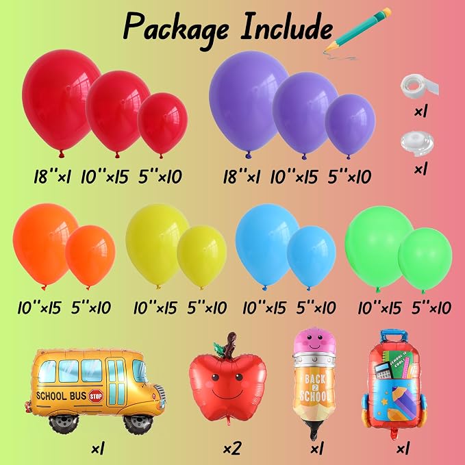160Pcs Back To School Balloon Arch Garland Kit, Apples School Bus Pencil Schoolbag Rainbow Foil Balloons, First Day of School Classroom Kindergarten Graduation Decorations