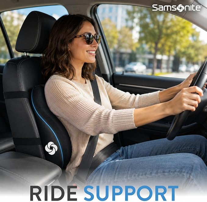 Samsonite Memory Foam Lumbar Support Pillow, Ergonomic Back Cushion for Office Chair, Gaming Chair, Automotive Full Back Support, Home Essentials for Sitting Comfort and Posture Relief, Black