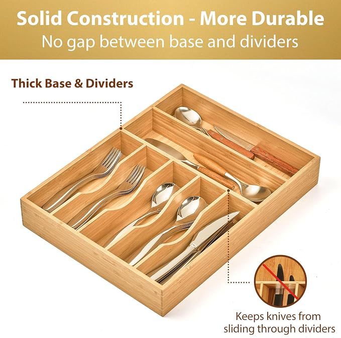 Bamboo Kitchen Drawer Organizer, 13 Inch Silverware Utensil Tray Holder, Extra Deep Grooved Drawer Divider, 7 Slots Total Bamboo Wood Caddy for Flatware Cutlery Knives, Forks, Spoons