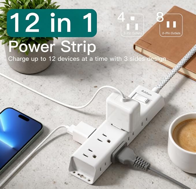 Addtam White Braided Power Strip Surge Protector with 12 Outlets, Flat Plug 6FT Extension Cord, 3-Side Wide Spaced Outlet Extender, Wall Mount Desk Charging Station for Home Office Garage