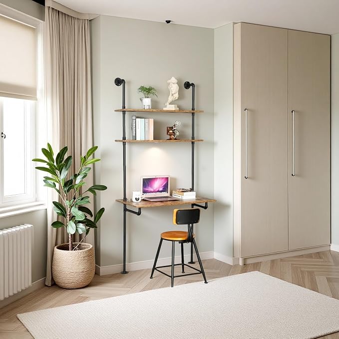 ZIOTHUM Industrial Wall Mount Desk with Shelves, Ladder Style Computer Laptop Desk, Floating Table with Storage, Industrial Pipe Bookcase for Home Office (36x20x81)