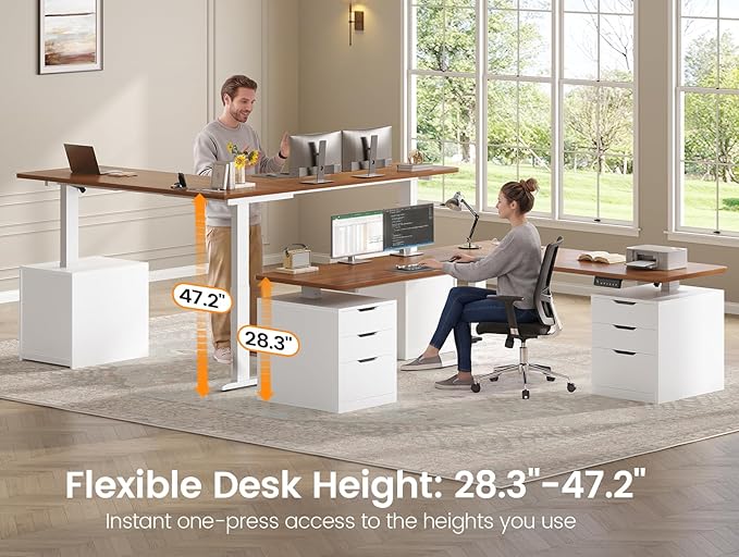 SEDETA L Shaped Electric Standing Desk with 6 Drawers, 66.9" x 57.1" Height Adjustable Stand Up Desk with Power Outlets, 3 Memory Heights, Sit Stand Computer Desk for Home Office, White + Brown