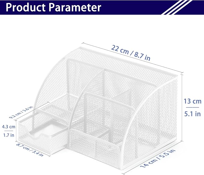 Boutilon Mesh Desk Organizer Desktop Office Supplies Stationary Organizer with 6 Compartments and 1 Drawer Multi-Functional Caddy Pen Holder for Home Office School Desk Decor(White)