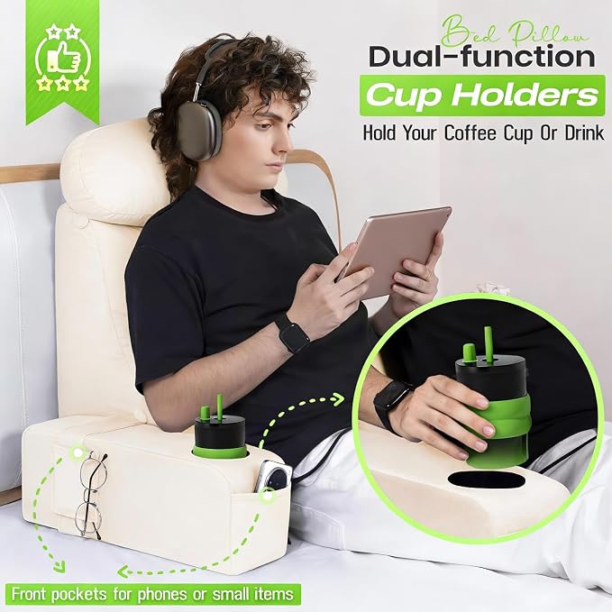 19 INCH Reading Pillow for Adults, Back Pillow for Bed Sitting Up, Backrest Pillow for Sitting in Bed, Detachable Arms with Built-in Cup & Phone Caddy (Beige, 19 INCH)