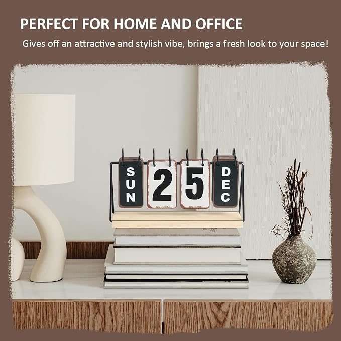 Metal Flip Calendar with Wooden Base, Daily Perpetual Desk Calendar with Large Display, Modern Farmhouse Desktop Calendar for Home Office Decor, Reusable and Foldable