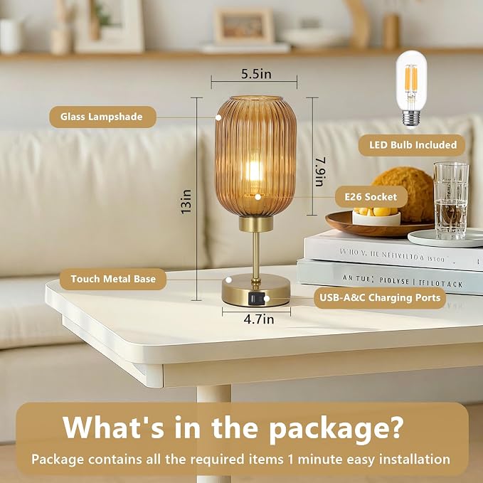 LAMSU Vintage Gold Touch Table Lamp, Small Desk Lamp with Amber Glass Shade, Bulb, Charging Port, Mid Century Modern Bedside Lamp, 3 Way Dimmable Nightstand Lamp for Bedroom Living Room Home Office