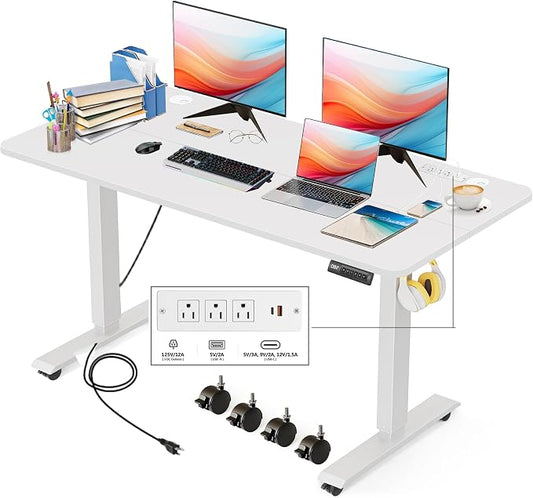 Electric Adjustable Height Standing Desk, 55×24 Inches Sit Stand Desk with Power Socket, 2 USB Ports, 3 Power Outlets, 4 Wheels,4 Memory Buttons Home Office Computer Workstations(White)
