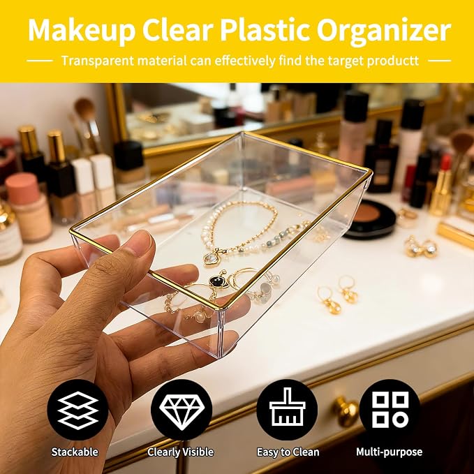 12 Pack Large Size Clear Stackable Drawer Organizer Trays, Gold Rim Makeup Drawer Storage Tray Divider, Desk Storage for Makeup, Jewelry, Bathroom, Stationary, Kitchen Utensils and Office Desk