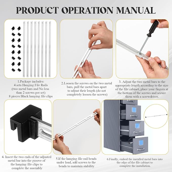 24 Pcs Metal Adjustable File Cabinet Rails Set Include 16 Hanging File Rail Clips 8 Cabinet Dividers Bars Suitable for Cabinets with Drawer Thickness Less Than 1/8 Inch(Silver,10-18.5 Inch)