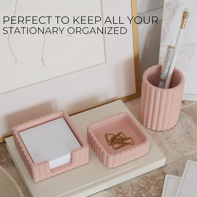 Aesthetic Desk Organizer Set of 3 For Your Office - Sturdy Concrete Desktop Accessories For Women Enhance Any Office Decor - Set incl. Pen Holder, Paperclip Storage & Sticky Note Holder for Teacher