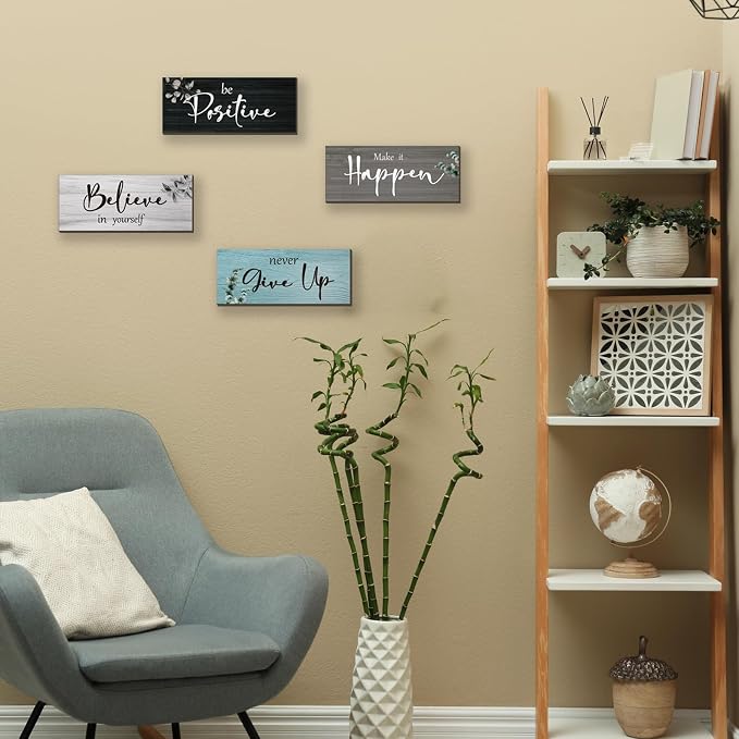 4 Pcs Office Decor For Women Motivational Wall Decor Rustic Inspirational With Positive Sayings Wooden Hangings for Home Office Bathroom Bedroom Kitchen(Fresh 10x4")