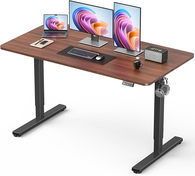 48" Electric Standing Desk Adjustable Height, Sit Stand up Desk for Home Office & Computer Workstation, 2 Memory Height Settings, Splice Board, 2 Hooks, Black Frame/Walnut Top