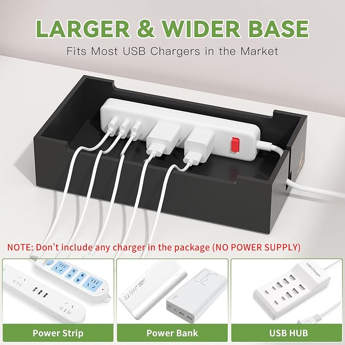 Pezin & Hulin Bamboo Cable Management Box, No Power Adapter -Black | Wire Organizers for Cords, Charge Station Box, Desktop Dock Organizer Rack for Electronic Device (Include 6 Cables)