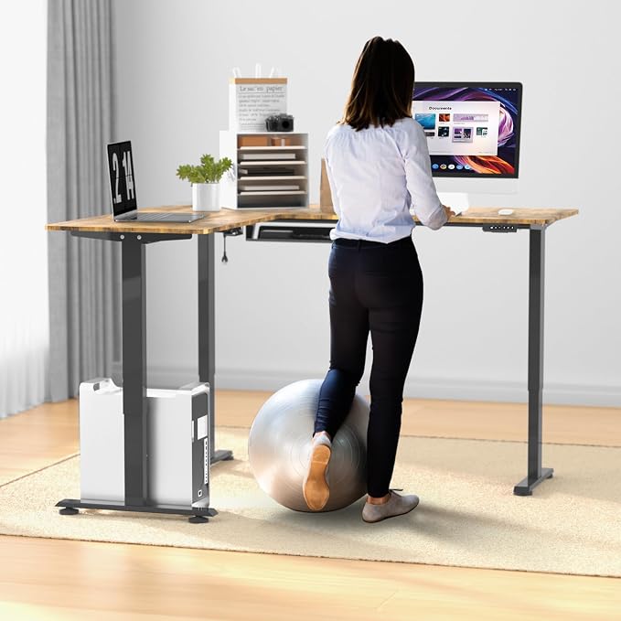 63 x 55 inch L-Shaped Standing Desk, Corner Computer Desk, Electric Standing Desk Adjustable Height, Sit to Stand Ergonomic Workstation for Home Office, Rustic Brown