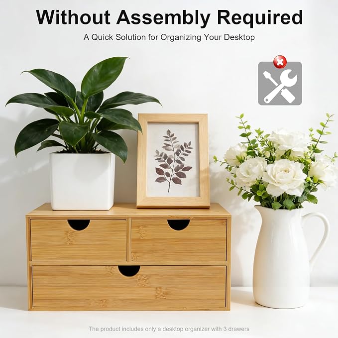 3 Drawers Bamboo Desk Organizer, Tabletop Storage Organization Multifunctional Desktop Organizer Office Wooden Drawer Mini Wood Desk Drawers Organizers for Home Office No Assembly Required