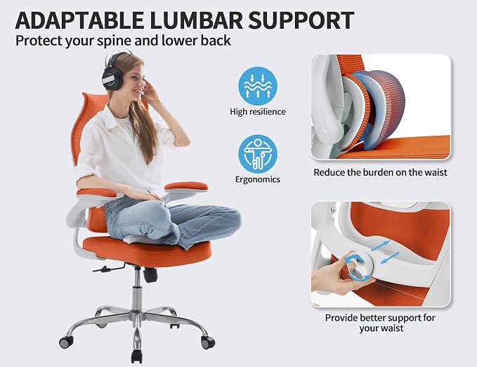 TRALT Ergonomic Office Chair- Desk Chair with Adjustable Lumbar Support | Big and Tall Back Ergonomic Desk Chair - Home Office Mesh Chairs and PU Leather Seat for Home Reading to Adults(Orange)