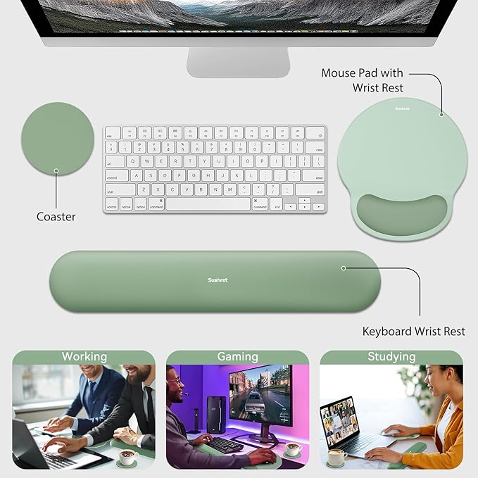 Mouse Pad and Keyboard Wrist Rest, 3-in-1 Gel Memory Foam Ergonomic Mouse Pad with Wrist Rest Set,Gaming Mousepad Arm Cushion Support for Computer Office Desk Accessories Cute Setup,Sage Green
