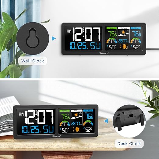 Geevon Weather Stations Wireless Indoor Outdoor Thermometer with Atomic Clock, HD Color Display Digital Temperature Humidity Monitor with Barometer, Comfort Indicator, and Adjustable Backlight
