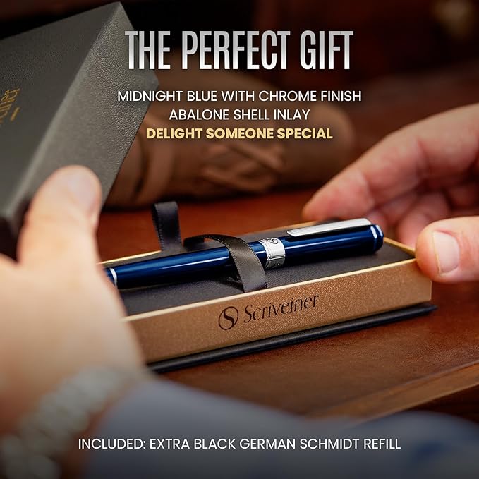 Scriveiner Midnight Blue Rollerball Pen - Stunning Blue Lacquer Luxury Pen, Chrome Finish bundle with Rollerball Refill Black Fine - 4 Rollerball Refills in one box