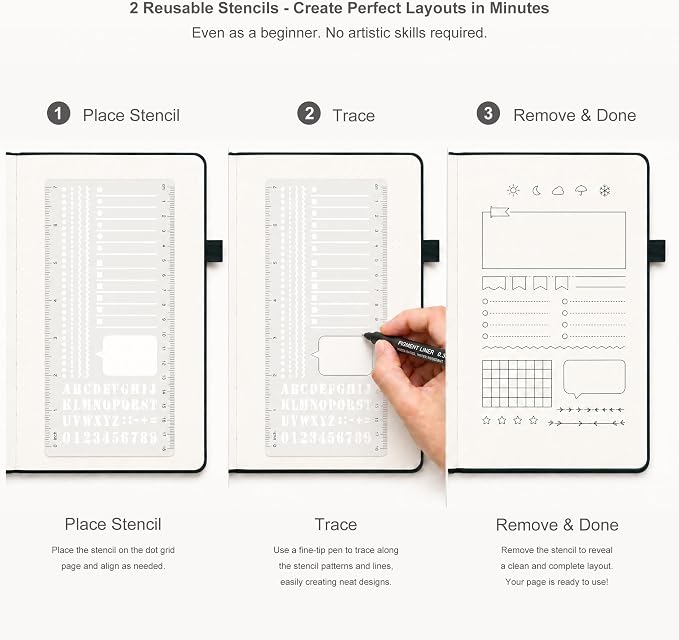 &And Per Se Dotted Notebook, A5 Hardcover with Journal Dotted Pages, Journal Stencils & Pen, 176 Numbered Pages for Beginners Women Men (Cyan)