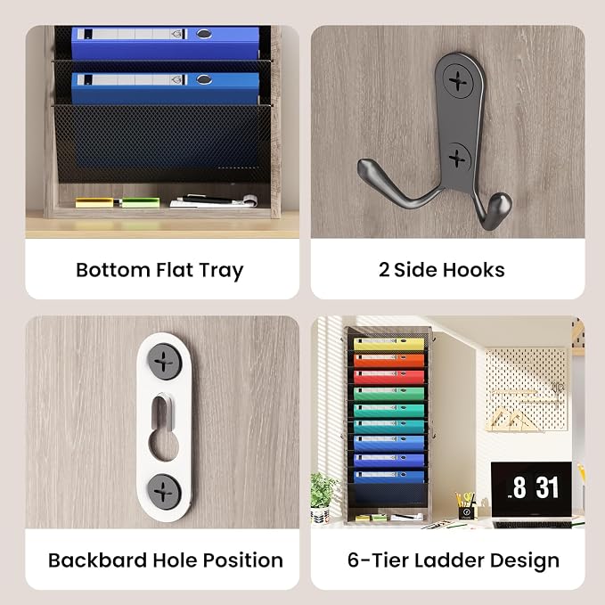 Creso hom Mail Organizer Wall Mounted, Mail Sorter with 2 Key Hooks, 11-Slot File Organizer for Wall or Desk, Wood Letter Holder Envelopes Bills Accessories for Home Office, Greige