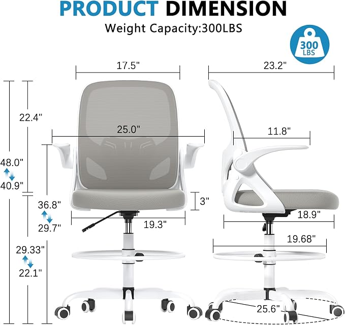 Kensaker Drafting Chair Tall Office Chair, Ergonomic Standing Desk Chair with Adjustable Foot Ring and Flip-up Armrests, Mesh Computer Chair for Art Studio, 300 LBS, Gray